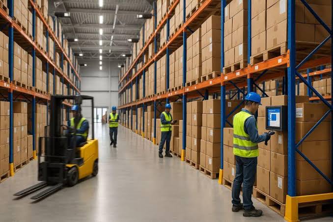 Warehousing and distribution center with forklift moving pallets