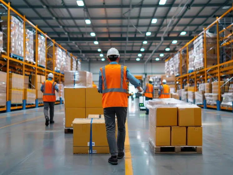Warehousing and distribution center with forklift moving pallets